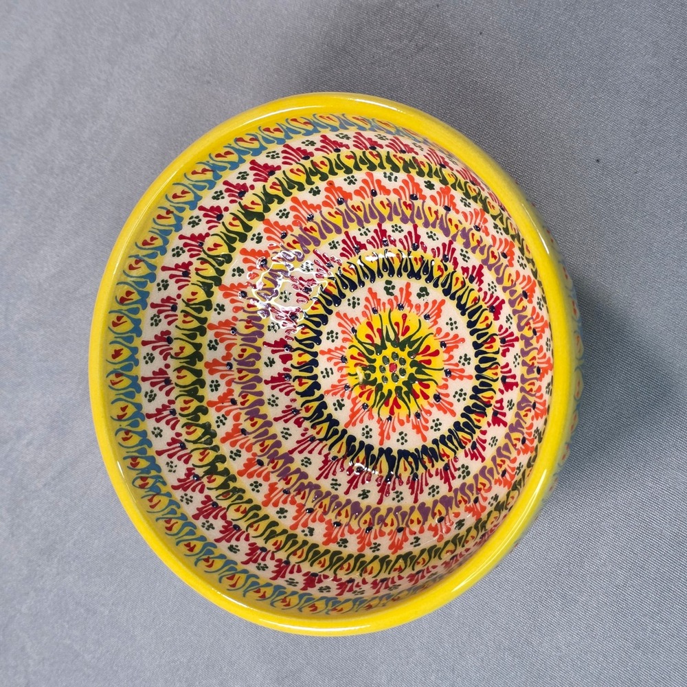 Handcrafted Hand Painted Yellow Ceramic‎ Bowl Floral Mandala Signed 6 Inch